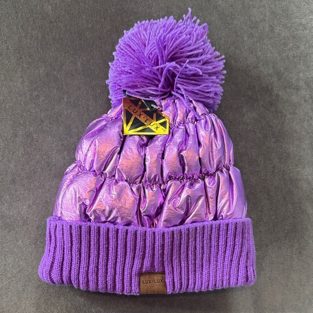 Adult Lux Lux Purple Puffer Beanie with Pom One Size fits Most NEW